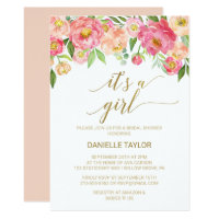 Peach and Pink Peony Flowers It's A Girl Invitation