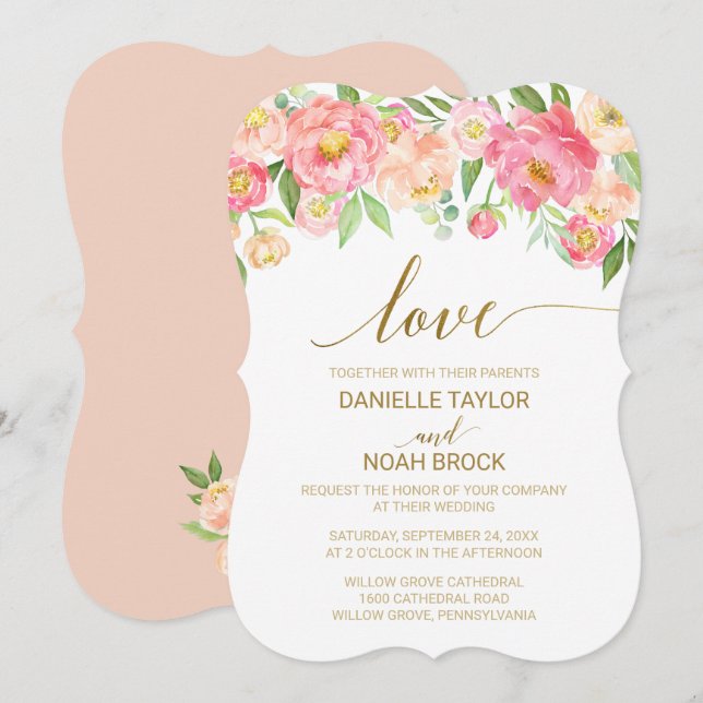 Peach and Pink Peony Flowers "Love" Wedding Invitation (Front/Back)