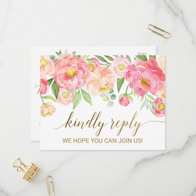 Peach and Pink Peony Flowers Menu Choice RSVP (Front/Back In Situ)