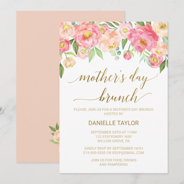 Peach and Pink Peony Flowers Mother's Day Brunch Invitation (Front/Back)