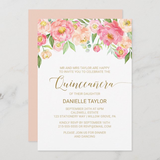 Peach and Pink Peony Flowers Quinceanera Invitation (Front/Back)