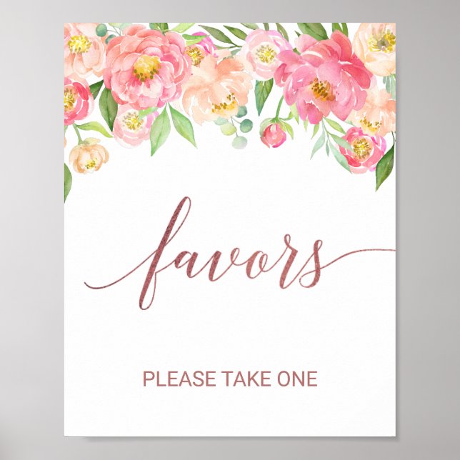 Peach and Pink Peony Flowers Rose Gold Favors Sign (Front)