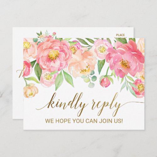 Peach and Pink Peony Flowers RSVP Invitation Postcard