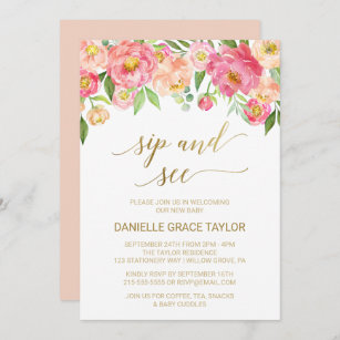 Peach and Pink Peony Flowers Sip and See Invitation