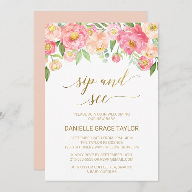 Peach and Pink Peony Flowers Sip and See Invitation (Front/Back)