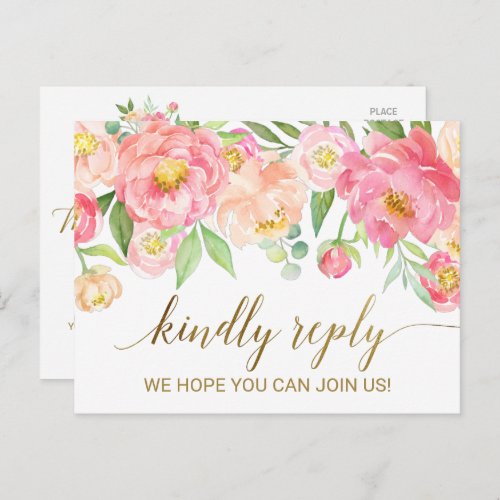 Peach and Pink Peony Flowers Song Request RSVP Invitation Postcard