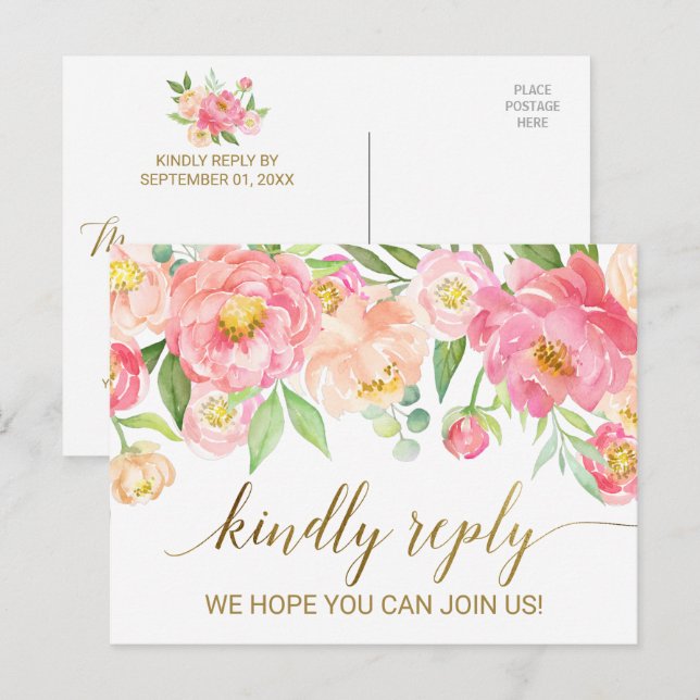 Peach and Pink Peony Flowers Song Request RSVP Invitation Postcard (Front/Back)