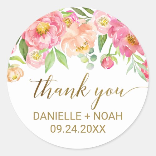 Peach and Pink Peony Flowers Thank You Favor Classic Round Sticker