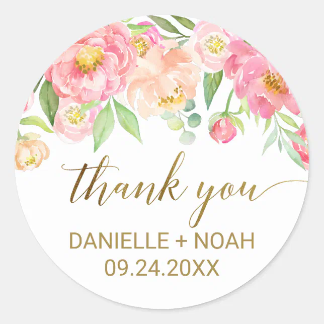 Peach and Pink Peony Flowers Thank You Favor Classic Round Sticker | Zazzle