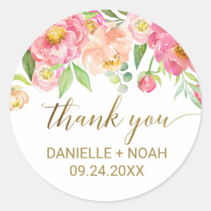 Peach and Pink Peony Flowers Thank You Favor Classic Round Sticker