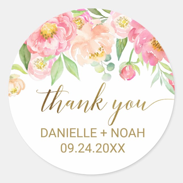Peach and Pink Peony Flowers Thank You Favor Classic Round Sticker (Front)