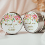 Peach and Pink Peony Flowers Thank You Favor Classic Round Sticker<br><div class="desc">These peach and pink peony flowers thank you favor stickers are perfect for an elegant girls baby shower. The floral design features a beautiful arrangement of watercolor peonies in shades of blush and coral matched with dainty faux gold foil calligraphy. Personalize the sticker labels with the name of the guest...</div>