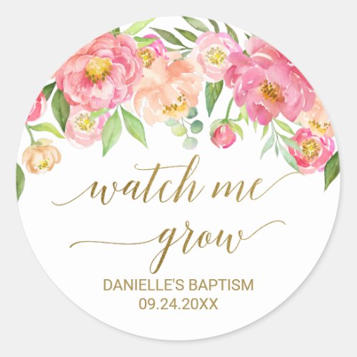Peach and Pink Peony Flowers Watch Me Grow Favor Classic Round Sticker