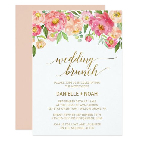 Peach and Pink Peony Flowers Wedding Brunch Invitation
