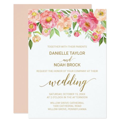 Peach and Pink Peony Flowers Wedding Card