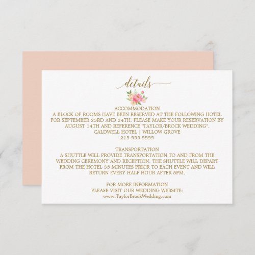 Peach and Pink Peony Flowers Wedding Details Card