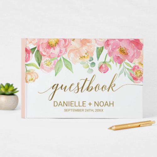 Peach and Pink Peony Flowers Wedding Guest Book
