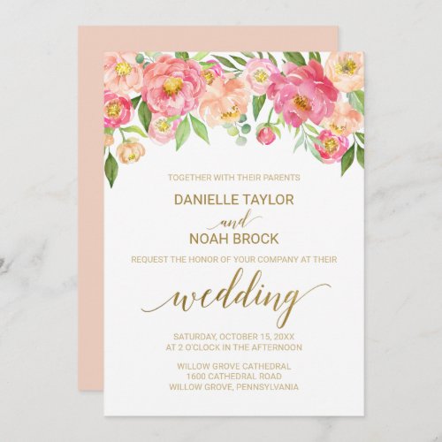 Peach and Pink Peony Flowers Wedding Invitation