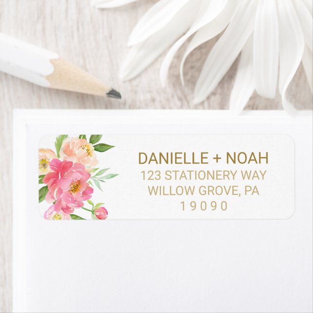 Peach and Pink Peony Flowers Wedding Label (Insitu)