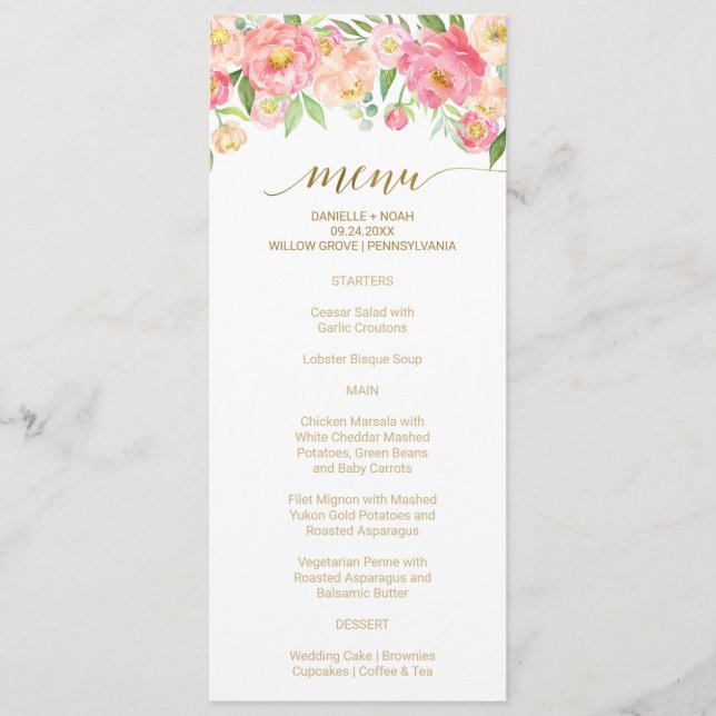 Peach and Pink Peony Flowers Wedding Menu (Front)