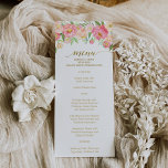 Peach and Pink Peony Flowers Wedding Menu Card<br><div class="desc">This peach and pink peony flowers wedding menu card is perfect for an elegant wedding. The floral design features a beautiful arrangement of watercolor peonies in shades of blush and coral matched with dainty faux gold foil calligraphy. Please Note: This design does not feature real gold foil. It is a...</div>