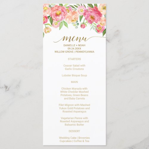Peach and Pink Peony Flowers Wedding Menu Card