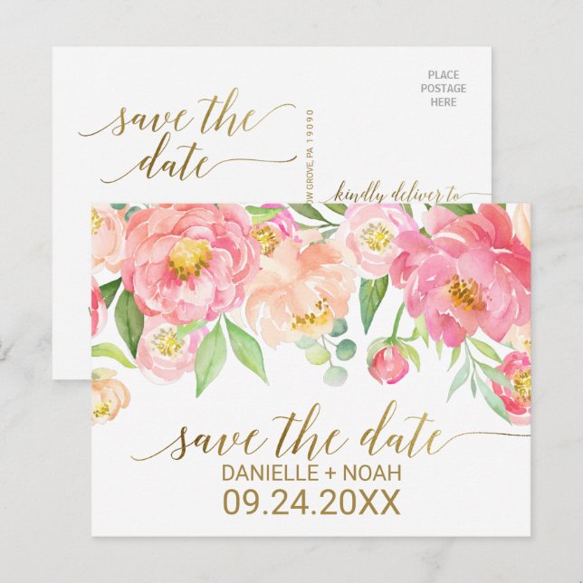 Peach and Pink Peony Flowers Wedding Save the Date Announcement Postcard (Front/Back)