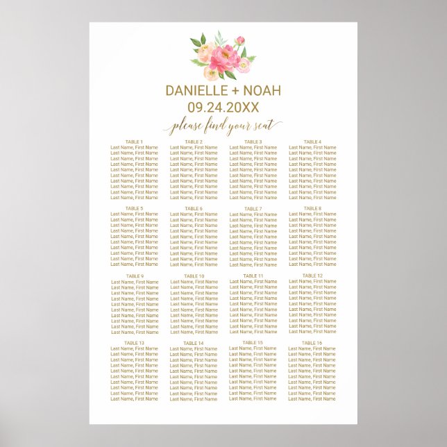 Peach and Pink Peony Flowers Wedding Seating Chart (Front)