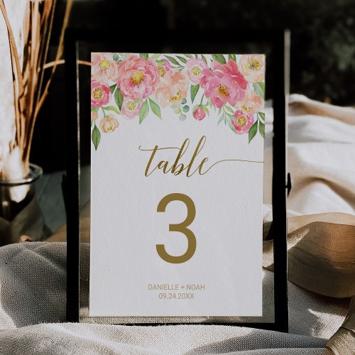Peach and Pink Peony Flowers Wedding Table Number