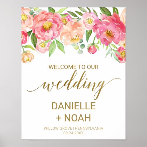Peach and Pink Peony Flowers Wedding Welcome Poster