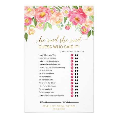 Peach and Pink Peony &quot;He Said She Said&quot; Game Flyer