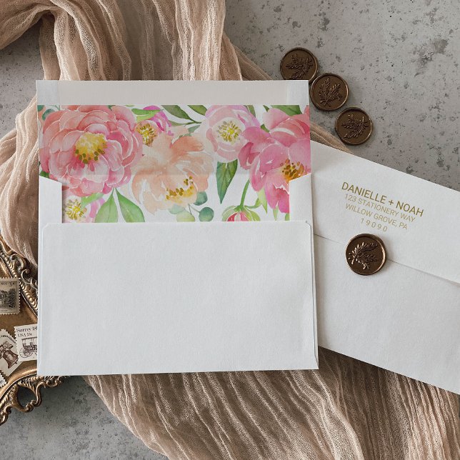 Peach and Pink Peony Lined Wedding Invitation Envelope (Creator Uploaded)
