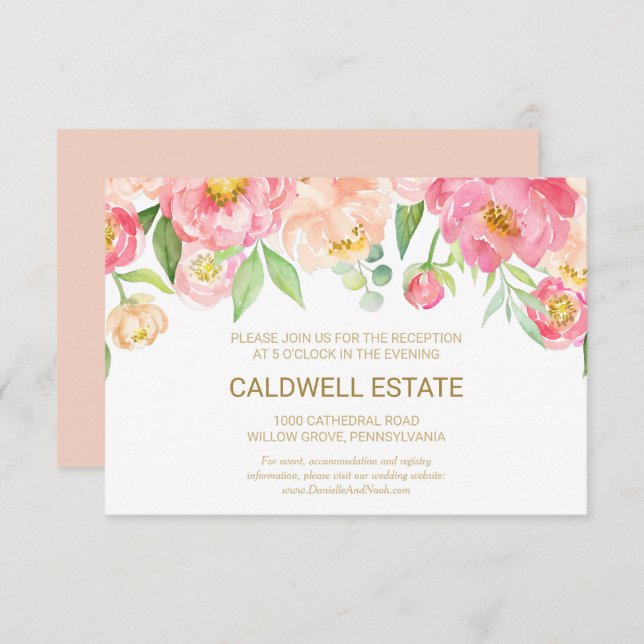 Peach and Pink Peony Wedding Reception Card (Front/Back)