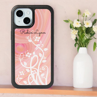 Peach and Pink Spirals | White Vines and Flowers iPhone 15 Case
