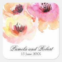 Peach and Pink Watercolor Floral Wedding Square Sticker