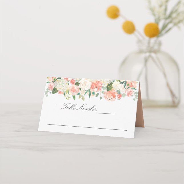 Peach and Pink Watercolor Peonies and Roses Place Card (Front)