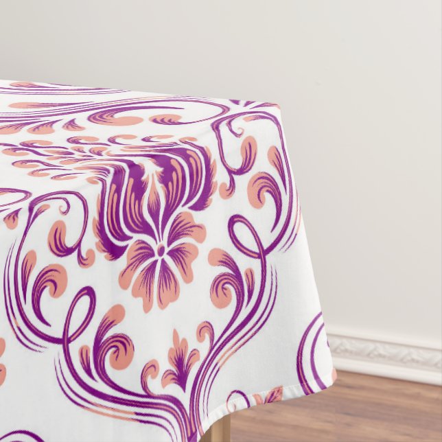 Peach and Purple Damask Floral Elegant Cotton Tablecloth (In Situ)