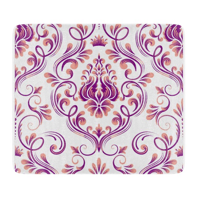 Peach and Purple Damask Floral Elegant Glass Cutting Board (Front)