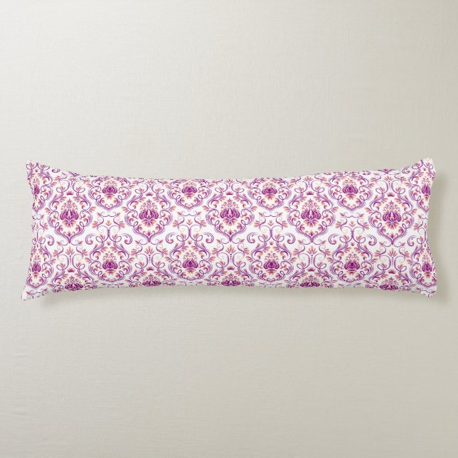 Peach and Purple Damask Floral Elegant Pattern Body Pillow (Front)