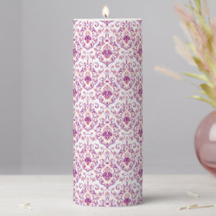 Peach and Purple Damask Floral Elegant Pattern Pillar Candle