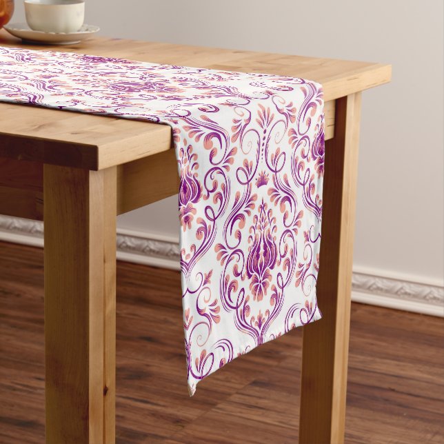 Peach and Purple Damask Floral Elegant Pattern Short Table Runner (In Situ)