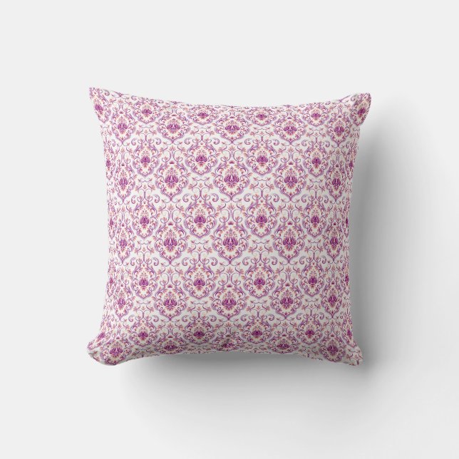 Peach and Purple Damask Floral Elegant Pattern Throw Pillow (Front)