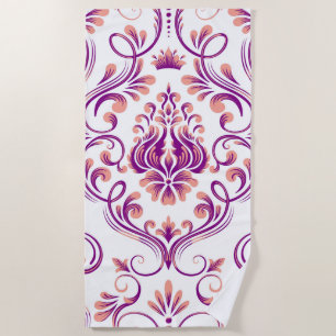 Peach and Purple Damask Floral Pattern Elegant Beach Towel