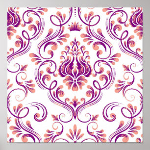 Peach and Purple Damask Floral Pattern Elegant Poster