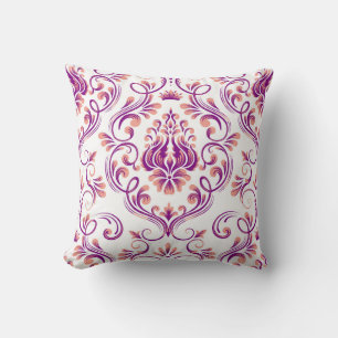 Peach and Purple Damask Floral Pattern Elegant Throw Pillow