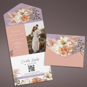 Peach and Purple Floral QR Code Wedding Invite