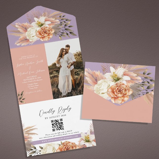 Peach and Purple Floral QR Code Wedding Invite (Creator Uploaded)
