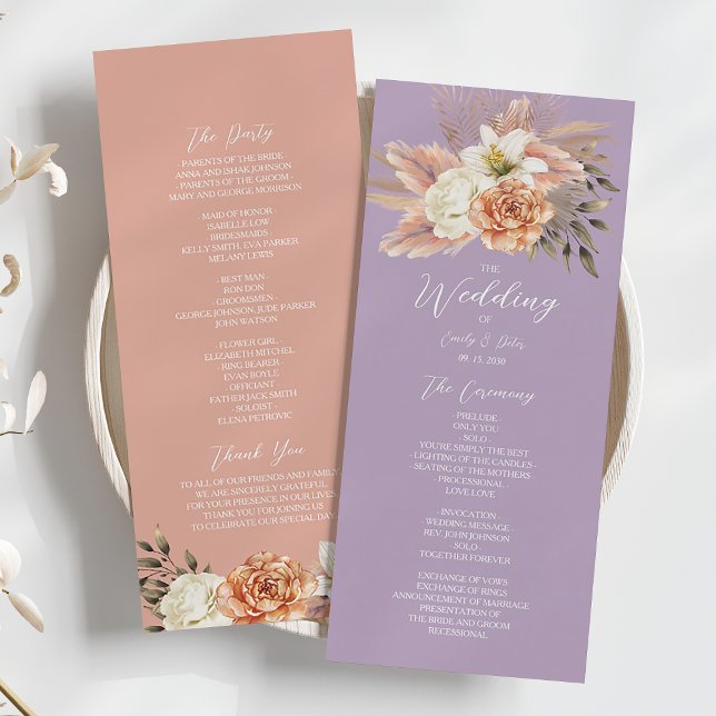 Peach and Purple Floral Wedding Program Card (Creator Uploaded)