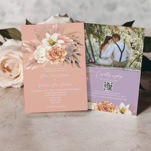 Peach and Purple Floral Wedding QR Code Invitation