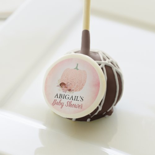 Peach and Rose Gold Glitter Girl Baby Shower Cake Pops - Service this cute fall baby shower cake pops at your event. The design features a graphic of a pumpkin accented with peach and rose gold glitter and fall colored flowers. This is a perfect for a baby shower in honor of the baby girl.